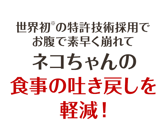 世界初の特許技術採用でお腹で素早くふやけてネコちゃんの食事の吐き戻しを軽減！
