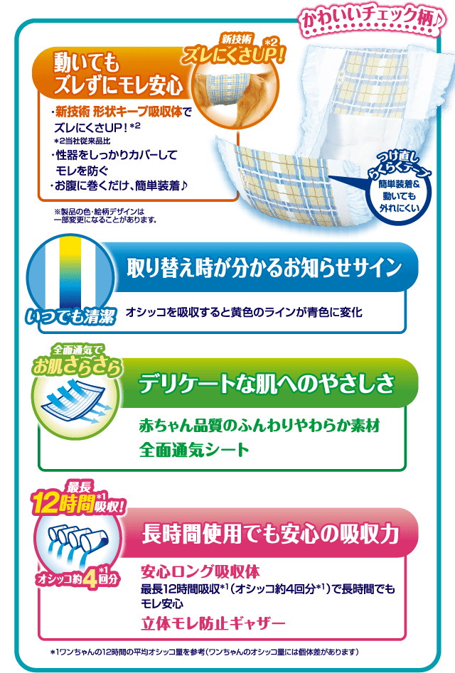 動いてもズレずにモレ安心 取り替え時が分かるお知らせサイン デリケートな肌へのやさしさ 長時間使用でも安心の吸収力